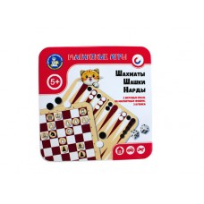 Игра магнитная в жестяной коробочке "Шахматы, шашки, нарды" арт.04302